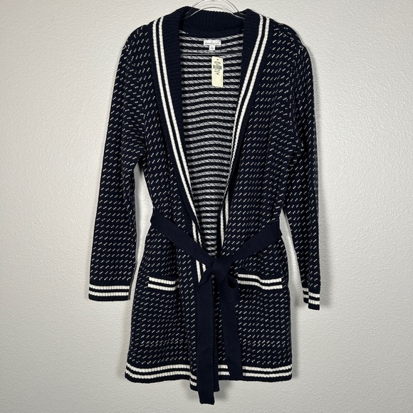 L.L. Bean Sweaters - LL Bean women size L signature wool blend long cardigan navy white belted NEW